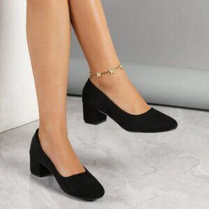 Women's Faux Suede Chunky 2" Heel Round Toe Pumps - Black SIZE 7/8